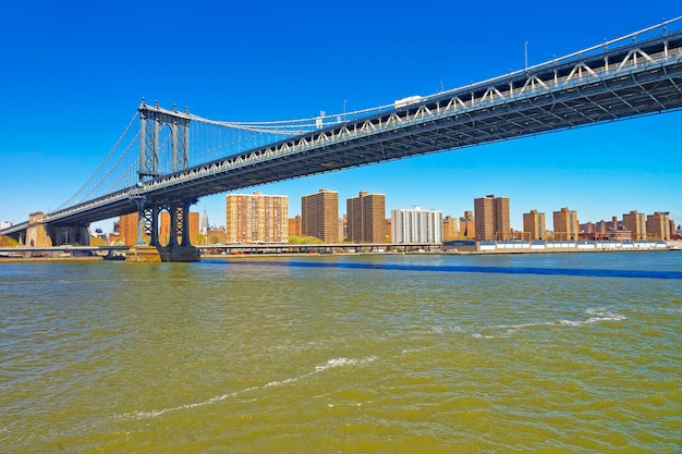 Panoramablick von der Fähre auf Manhattan Bridge über den East River. Lower East Side von Manhattan in New York, USA ist im Hintergrund.