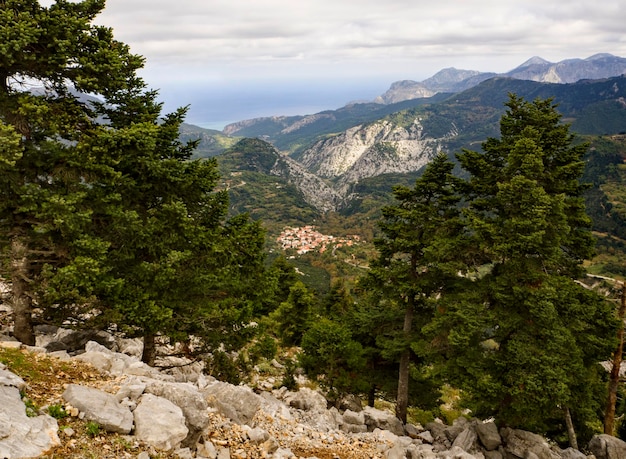 Panoramablick von oben auf die Wälder und das Dorf auf der Serpentine der Insel Euböa in Griechenland