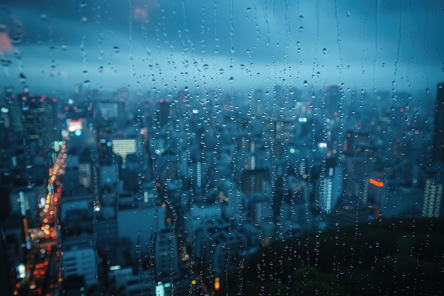 Panoramafenster, das einen Blick auf eine Nachtstadt zeigt, die mit Lichtern und regnerischer professioneller Fotografie beleuchtet ist