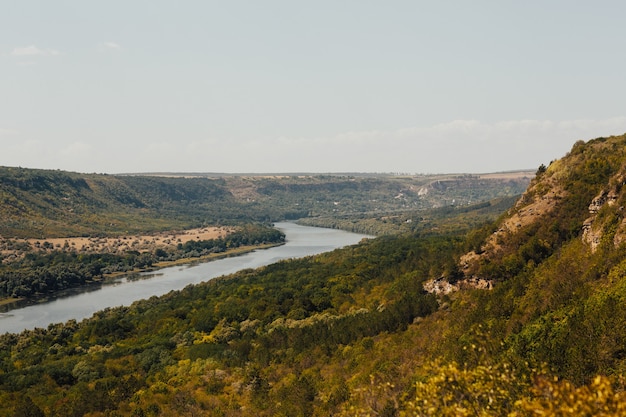 Panoramafoto von Fluss, Bergen und Wald