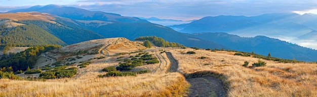 Panoramalandschaft der Herbstkarpaten (Ukraine) mit Landstraße.