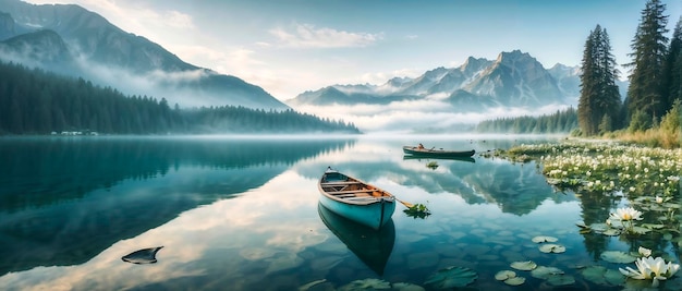 Panoramalandschaft Fischerschiff am Ufer eines ruhigen Sees hohe alpine Bäume am frühen Morgen