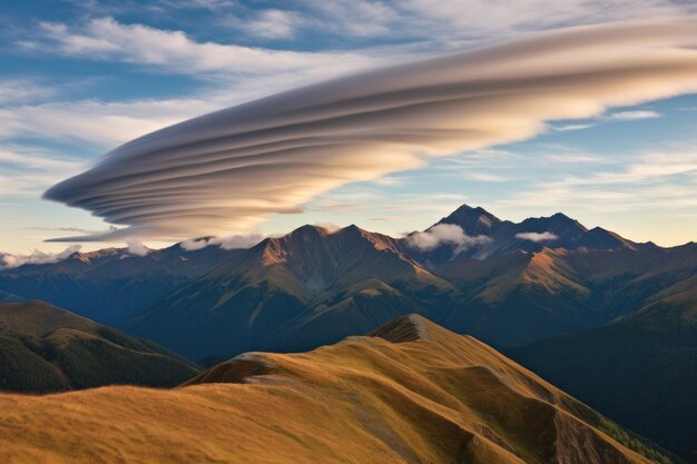 Panoramalandschaft von linsenförmigen Wolken über einem Bergkamm, die mit generativen Ai erzeugt wurden