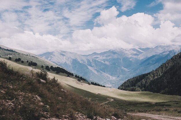 Panoramasicht auf Bergszenen im Nationalpark Dombay, Kaukasus, Russland, Europa. Dramatischer blauer Himmel und sonnige Sommerlandschaft