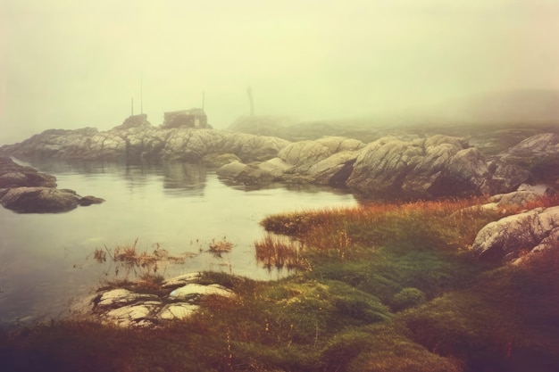 Una panorámica nublada de un paisaje marino surrealista Debido al procesamiento cruzado de colores, la imagen tiene un aspecto retro vintage