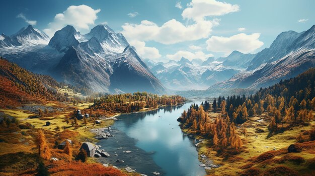 panorámica del paisaje vista de avión no tripulado verano indio en las montañas paisaje alpino rocas río y otoño bosque