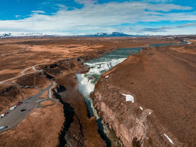 Panoramische Luftaufnahme des beliebten Touristenziels gullfoss Wasserfall