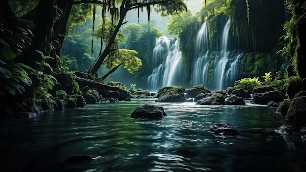 Panoramischer schöner tiefer Waldwasserfall in Thailand