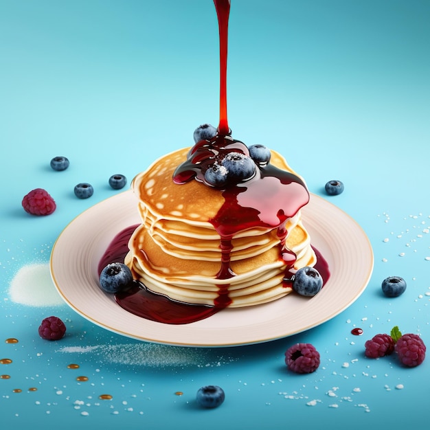 Panqueca americana com geléia e framboesa congelada no fundo azul