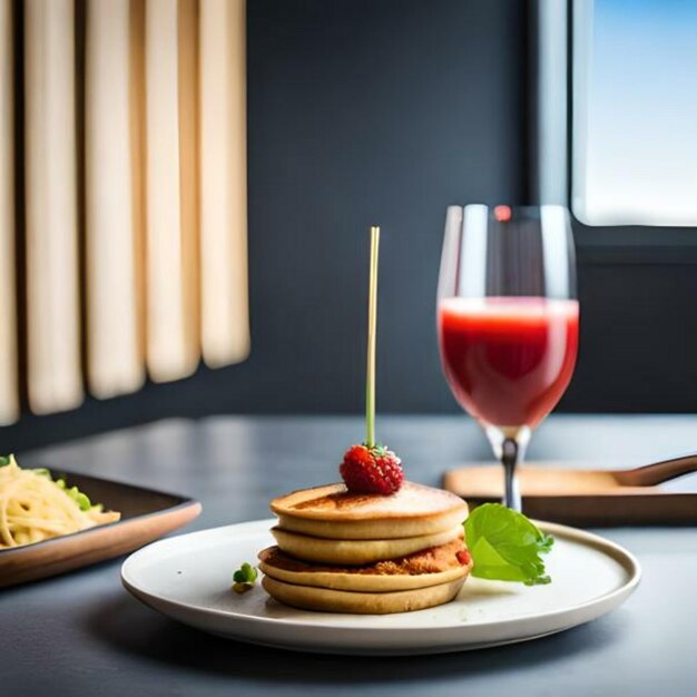 Foto panqueca deliciosa com recheio de manteiga de amendoim e sumo de morango