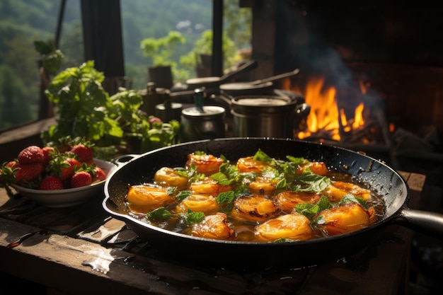 Panqueca dourada adornada com frutas frescas em cozinha rústica generativa IA