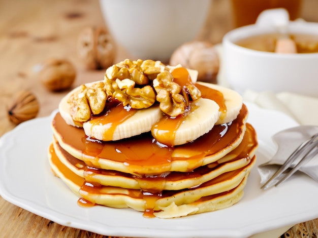 Panquecas com banana e nozes e caramelo para o pequeno-almoço