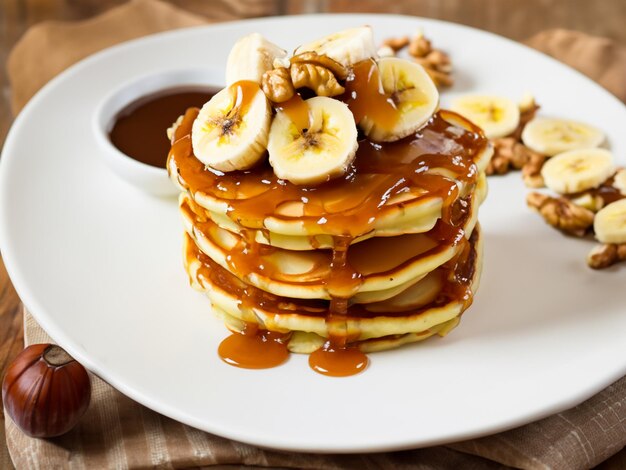 Panquecas com banana e nozes e caramelo para o pequeno-almoço