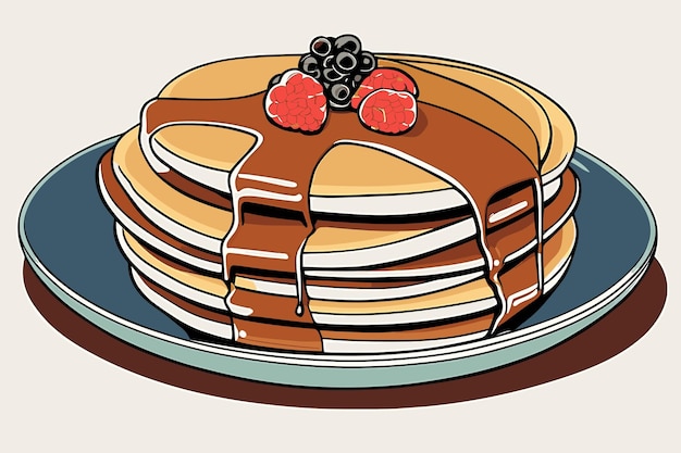 Panquecas com calda de chocolate e frutas em uma ilustração vetorial de prato