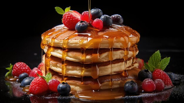 panquecas com calda doce derretida com pedaços de frutas na mesa com fundo desfocado