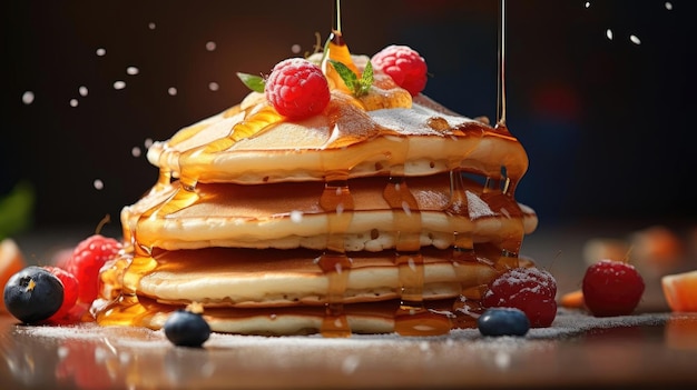 panquecas com calda doce derretida com pedaços de frutas na mesa com fundo desfocado