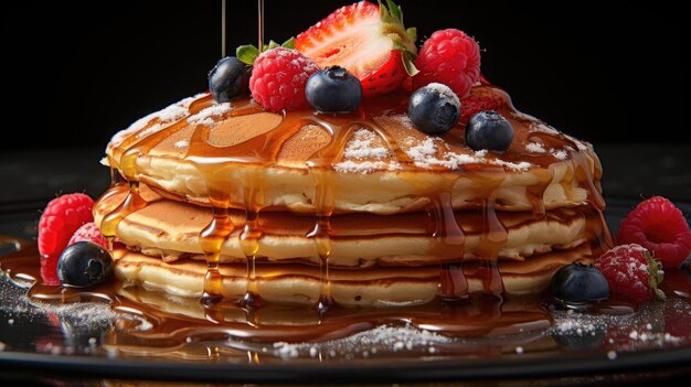 panquecas com calda doce derretida com pedaços de frutas na mesa com fundo desfocado