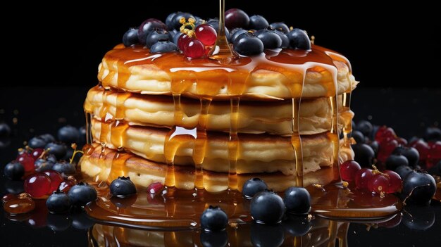 panquecas com calda doce derretida com pedaços de frutas na mesa com fundo desfocado