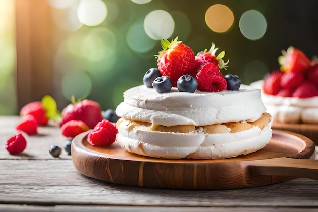 Panquecas com frutas e bagas em uma placa de madeira