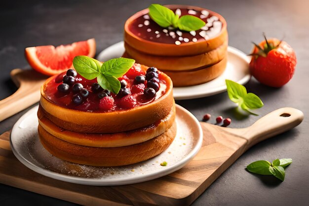 Panquecas com frutas e calda sobre uma mesa de madeira