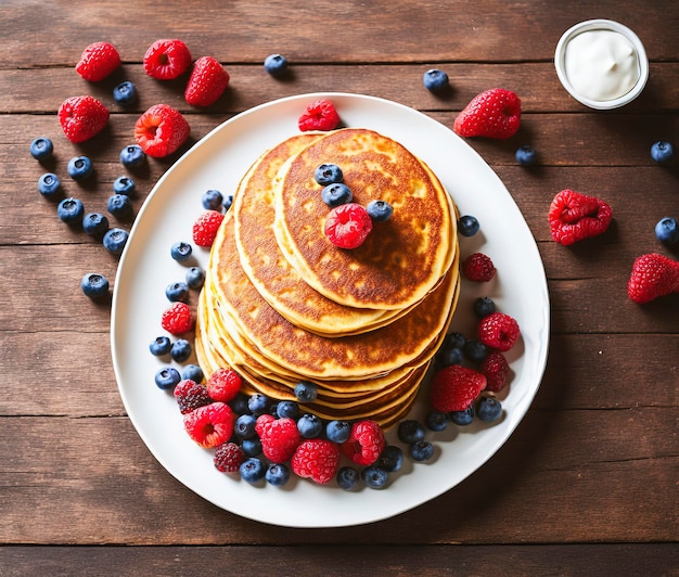 panquecas com frutas e mirtilos