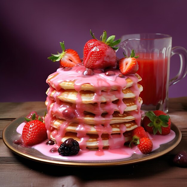 Panquecas com frutas frescas e cobertura rosa em um fundo roxo claro conceito de Dia dos Namorados