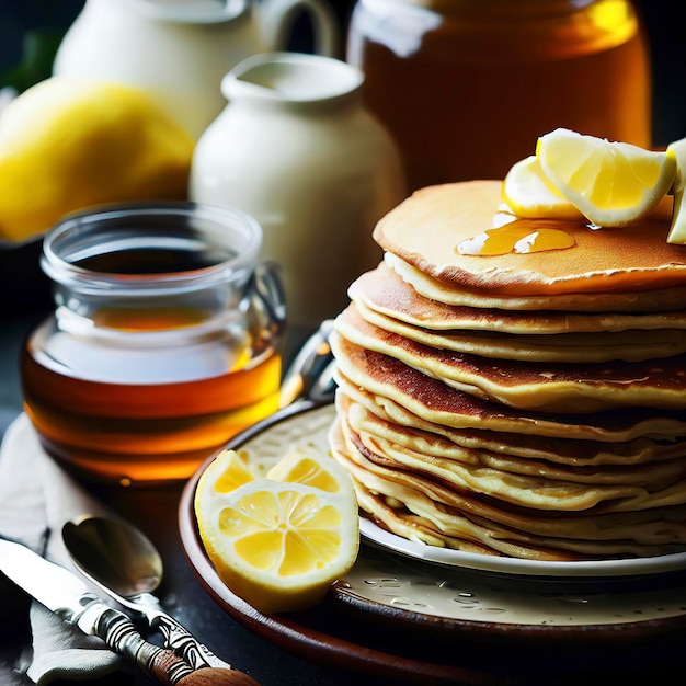 Panquecas com manteiga e mel e chá de limão no café da manhã foco seletivo