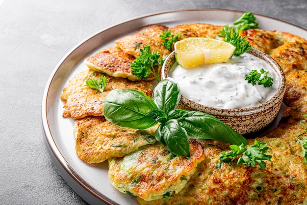 Panquecas de abobrinha com ervas e creme de leite em um prato vegetariano close-up