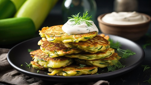 Panquecas de abobrinha em um prato com creme azedo por cima