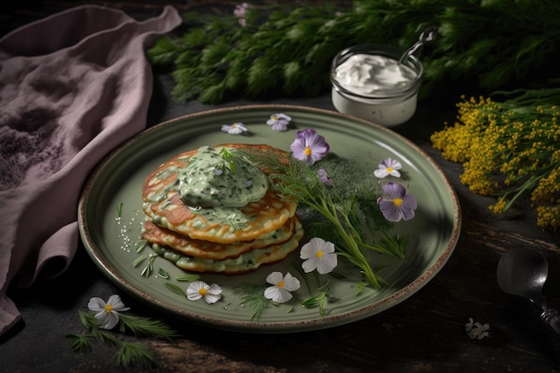 Panquecas de batata com delicada superfície crocante e decoração verde