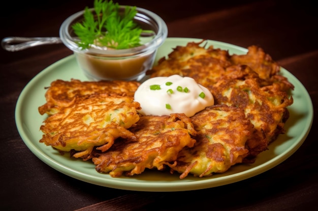 Panquecas de batata crocante com creme azedo saborosa comida deliciosa gourmet Gerar Ai