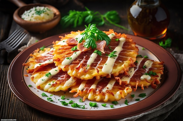 Panquecas de batata frita com bacon queijo ralado e ervas verdes