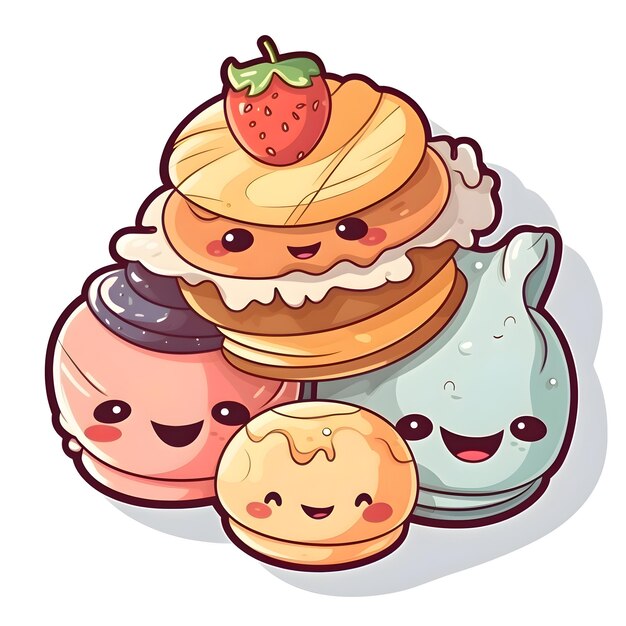 Panquecas de desenhos animados bonitos com ilustração vetorial de morango e macaroon