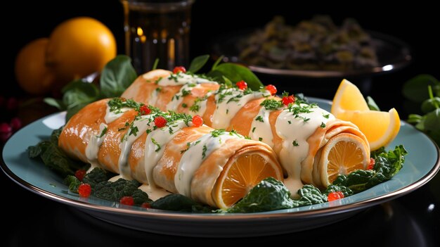 Panquecas de espinafre com salmão e creme em um prato sobre fundo verde