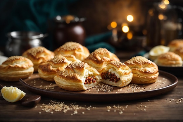 Panquecas de lado com carne moída, sementes de sésamo e bolinhos cheios de purê de batata na mesa