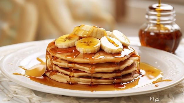 Panquecas regadas com mel e pedaços de banana