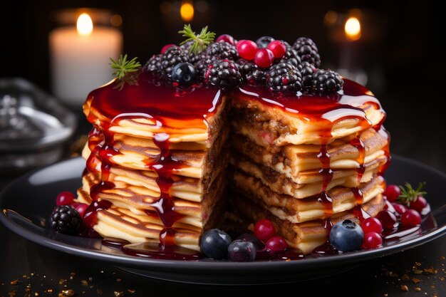 Panquecas tentadoras com geleia de mirtilo à luz de uma lâmpada ao lado de um frasco e uma colher para um deleite delicioso