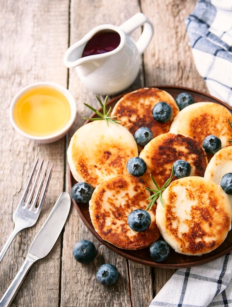 Panqueque con arándanos Desayuno saludable endecha plana