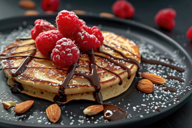 Foto panqueque casero con frambuesas, almendras y chocolate sobre un fondo negro