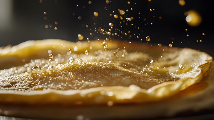 Panqueque dorado con gotas de jarabe que caen