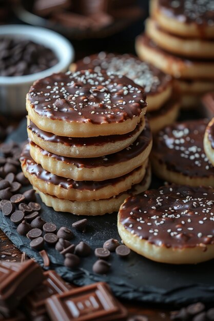 Panqueque japonés de dorayaki cubierto de mousse de chocolate con chocolate en la parte superior