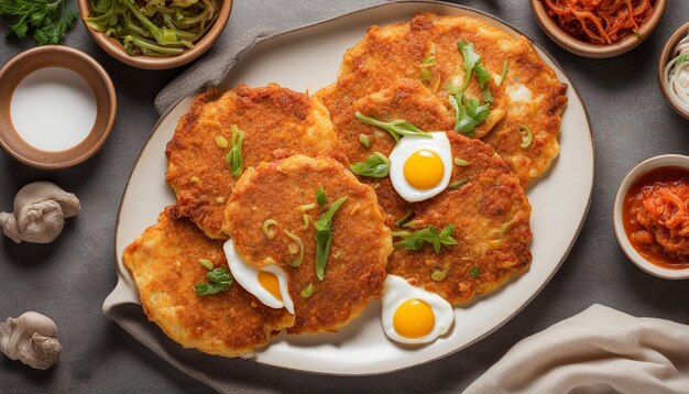 Foto panqueque de kimchi coreano o kimchijeon frito huevo mezclado kimchi y harina estilo de comida coreano