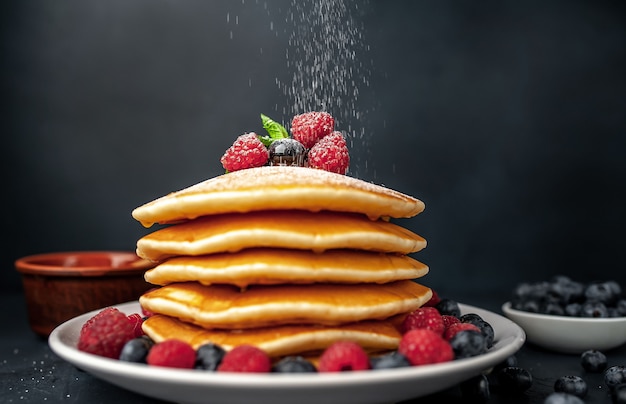 Panqueques americanos con frambuesas, arándanos frescos y miel. Desayuno saludable en concreto