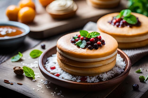 panqueques con arroz y fruta en un plato