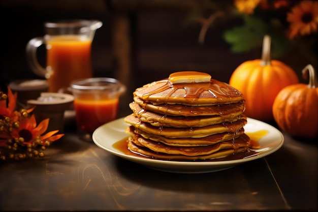 Panqueques de calabaza y especias de otoño en la mesa de madera en la mañana de otoño