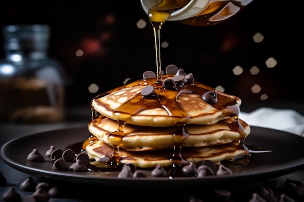 Panqueques de chispas de chocolate con llovizna de sirope IA generativa