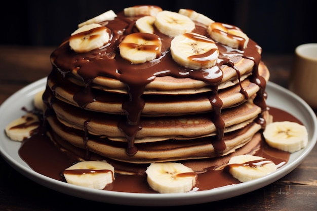 Panqueques de chocolate con jarabe de chocolate y plátano