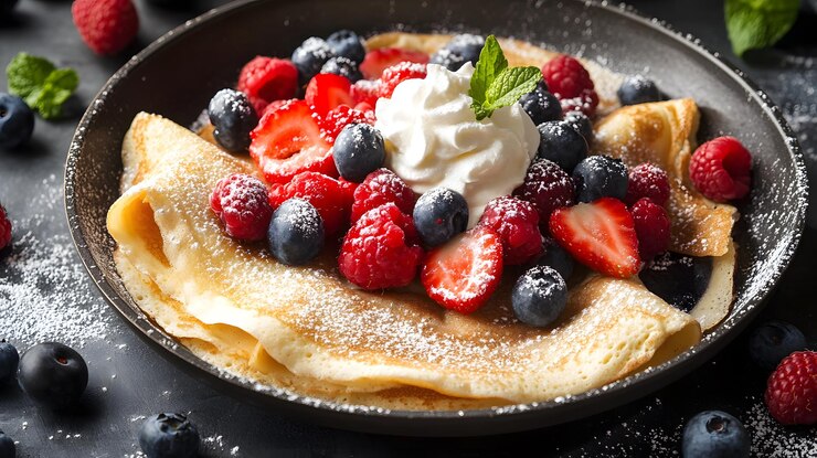 Panqueques con crema batida y bayas frescas