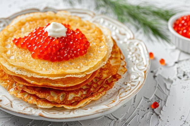 Panqueques delgados o blini ruso con caviar rojo sobre fondo blanco IA generativa