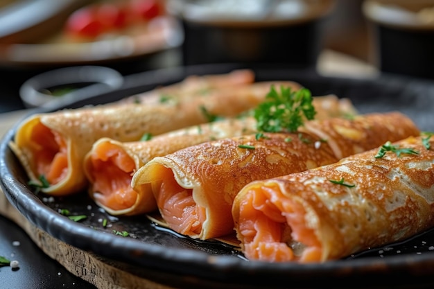 Foto panqueques delgados rellenos con salmón de cerca plato negro delicias de estilo rústico para shrove